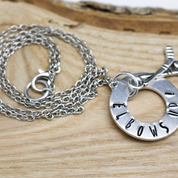 Elbows Up! Hockey Hand Stamped Pendant Necklace - Handmade & Hypoallergenic - Picture 4 of 10
